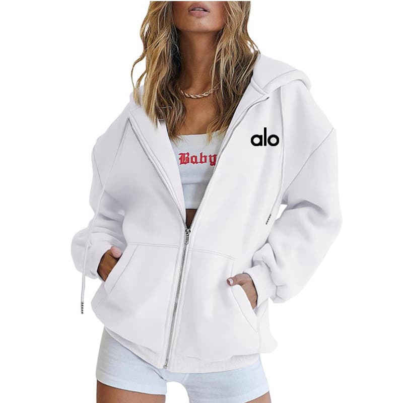 Sweat à capuche ample et zippé pour femme, logo brodé, manches longues, style décontracté et sportif