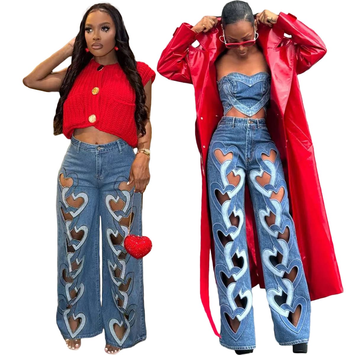 Women's Clothing Elastic Personality Jeans New Hollow Embroidery Love Straight Trousers