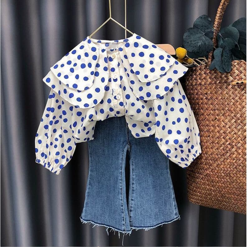 Kids Clothing Girls Cute Polka Dot Large Lapel Shirt Plus Jeans Two piece Set