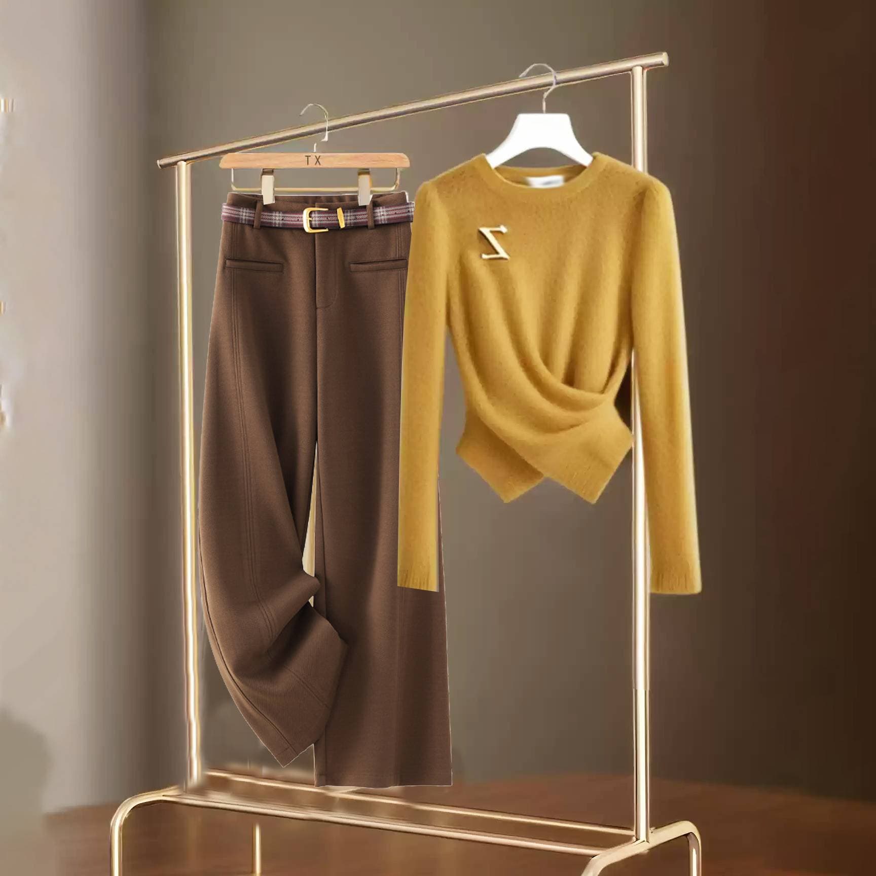 Women's Clothing outfits high end temperament lady design waist yellow knitted sweater autumn and winter petite