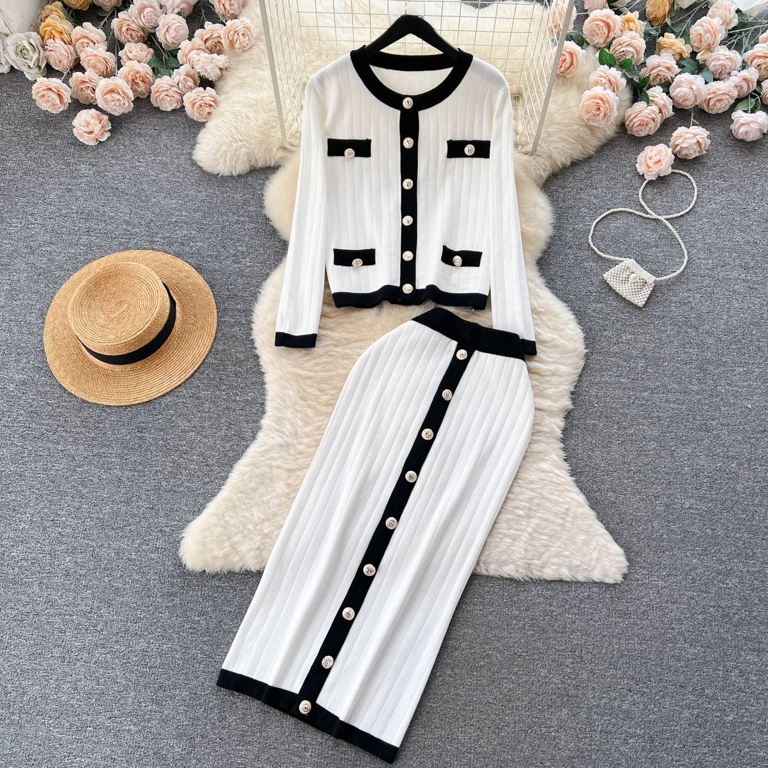 Women's Clothing round neck metal button sweater women new sweater tight hip skirt autumn and winter two piece suit