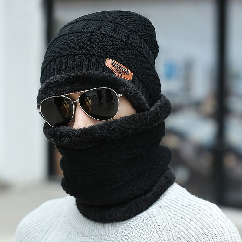 Unisex Accessories warm neck guard woolen cap fleece and thick knitted hat pullover neck two piece