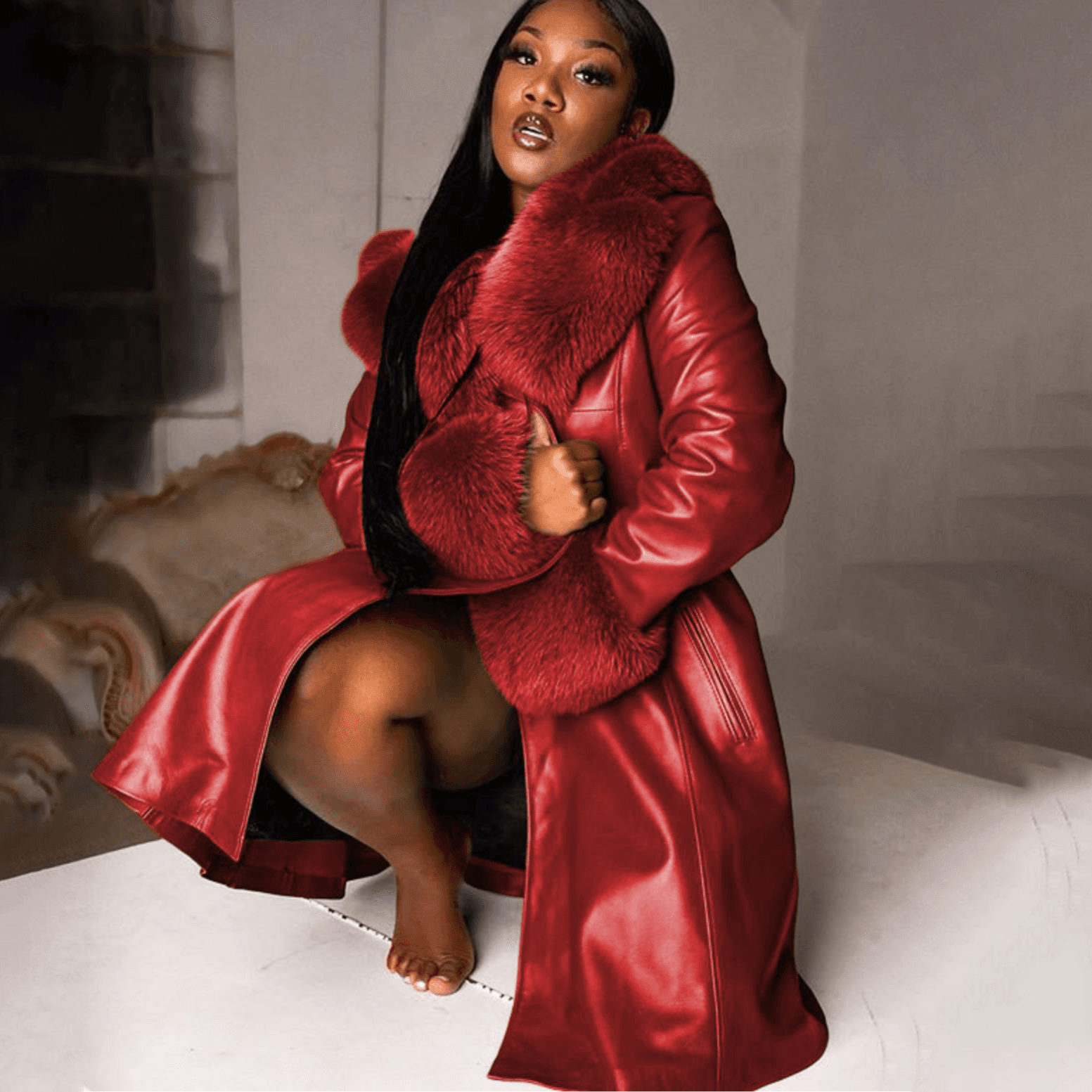 Women's Clothing Autumn Winter Solid Color Lapel Long Pu Splicing Large Fur Collar Temperament Commuter Coat