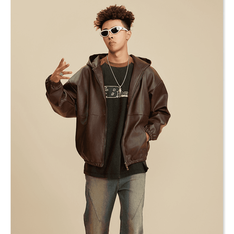 Men's Retro Large Silhouette Leather Jacket Loose Tide Jacket