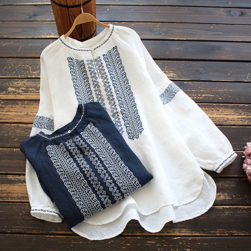 Chemise ample à manches longues en coton et lin pour femme, grande taille