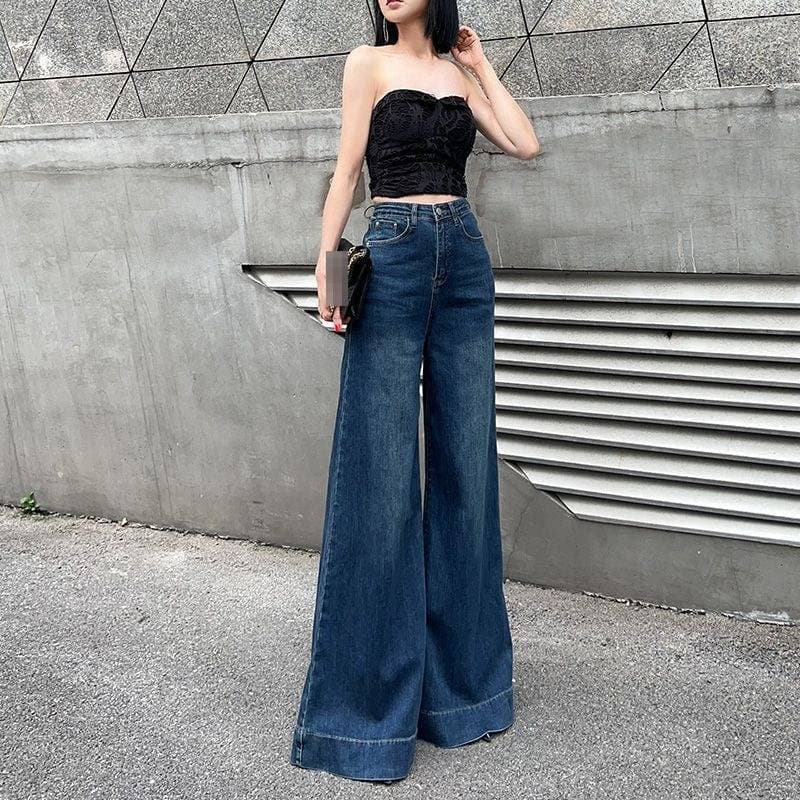 Women's Clothing High Waist Wide Leg Jeans - Stretchy Retro Blue Flared Trousers With Vintage Wash & Floor-Length Design