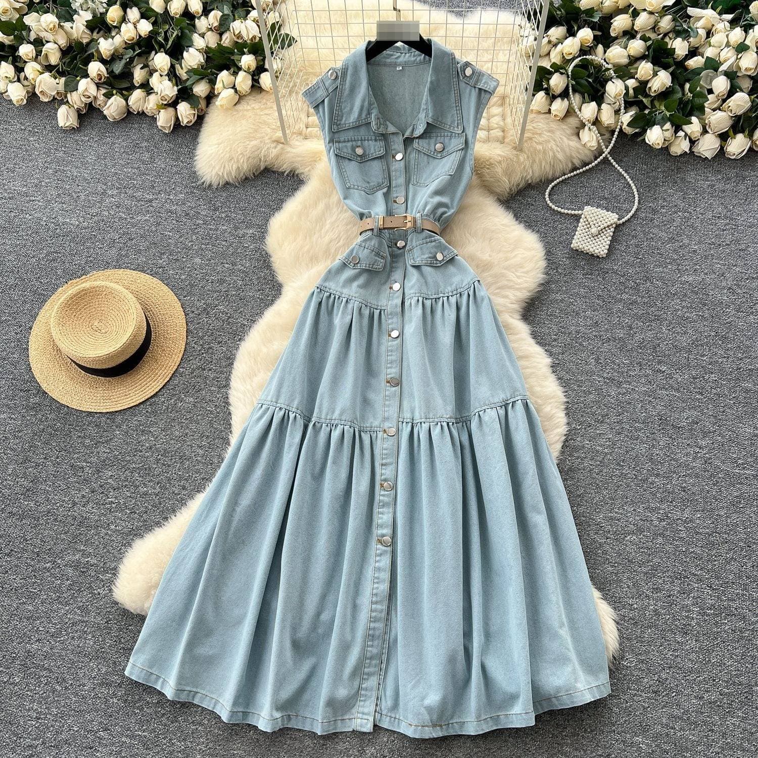 ​​"Sleeveless Denim Dress With Metal Buckle Collar – Slim Fit, Mid-Length Summer Dress (Light Blue/Black, S/M/L/XL)"​​