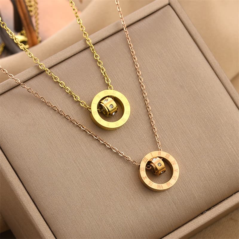 Stainless Steel Roman Number Double Ring Pendant Necklace Fashion Fine Jewelry Round Circle Zircon Digital Scale Charms Chain Choker For Women