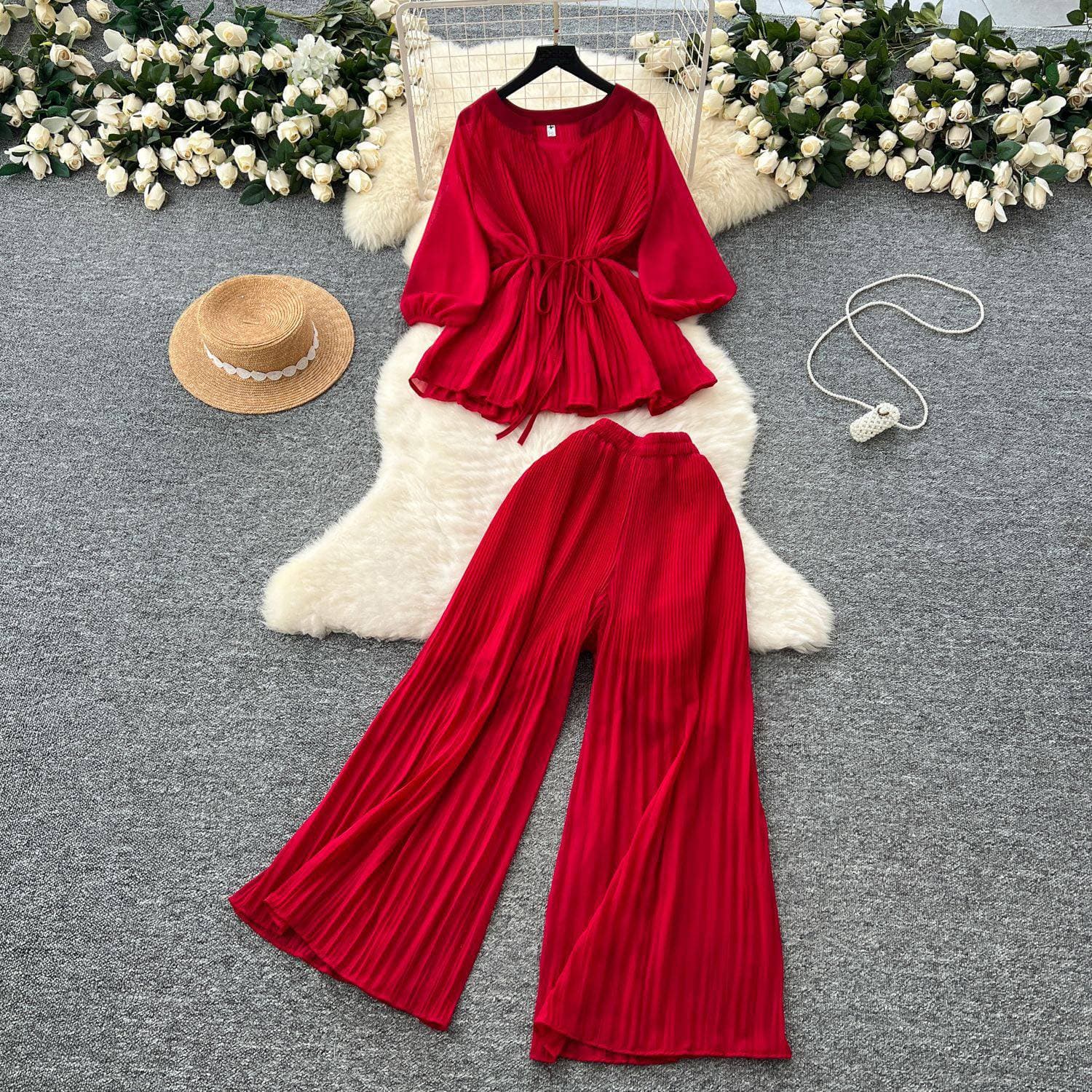 Women's Clothing Pleated V Neck Lace Up Waist Lantern Sleeve Top High Waisted Pleated Nine Point Wide Leg Pants