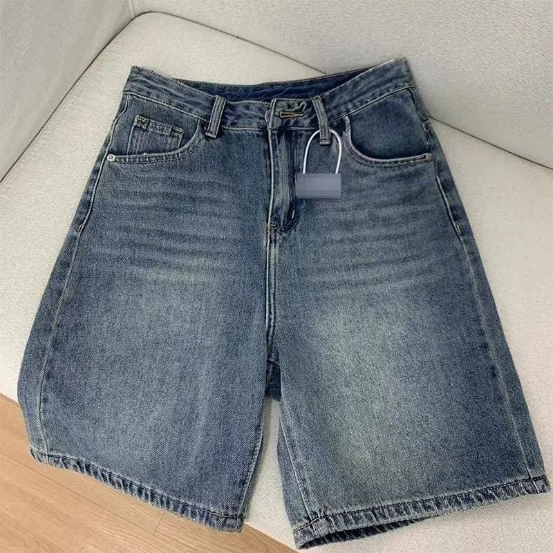 ​​Vintage Blue High-Waisted Denim Shorts – Relaxed Fit 90s Retro Washed Mom Shorts (Unisex Sizing, S-3XL, Distressed Hem)​​