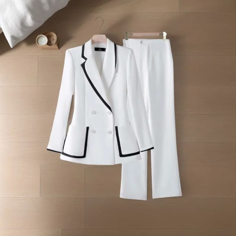 Women's Clothing High grade commuting long sleeved suit set white splicing fashionable female sister slim professional suit