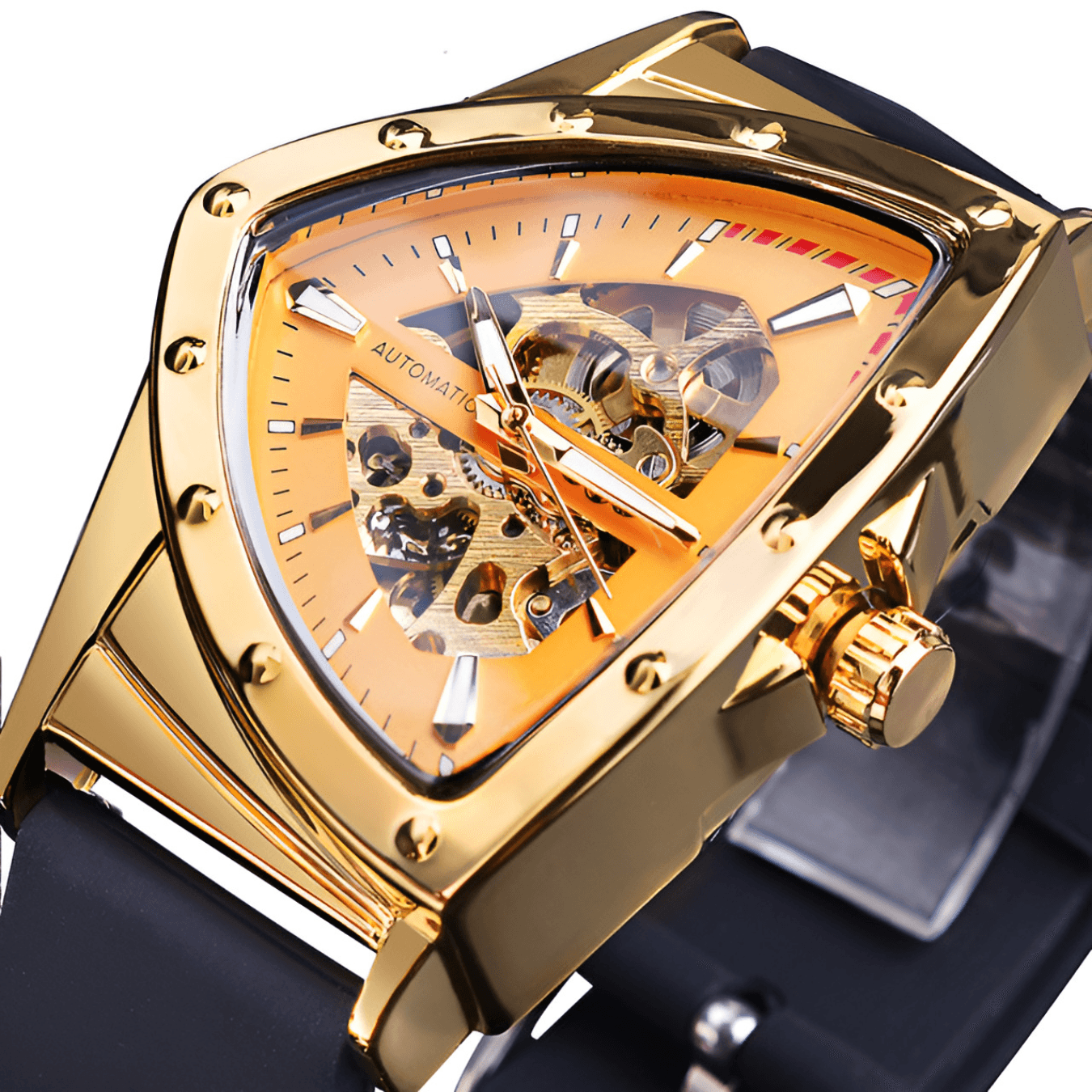 Men's automatic mechanical watch with triangular dial, hollowed out luminous silicone strap, sports watch