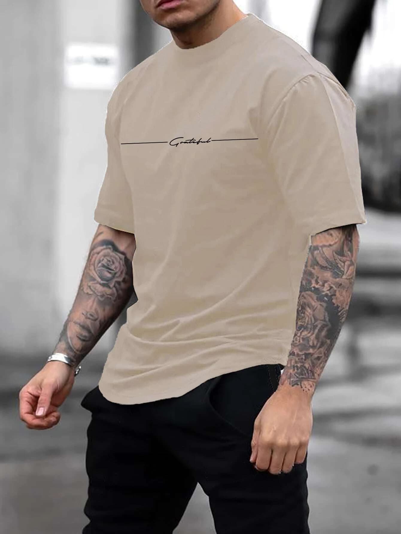 100% Pure Cotton Men's Summer Fashion Short Sleeved Letter Graphic Printed Casual Slim Fit Versatile Top