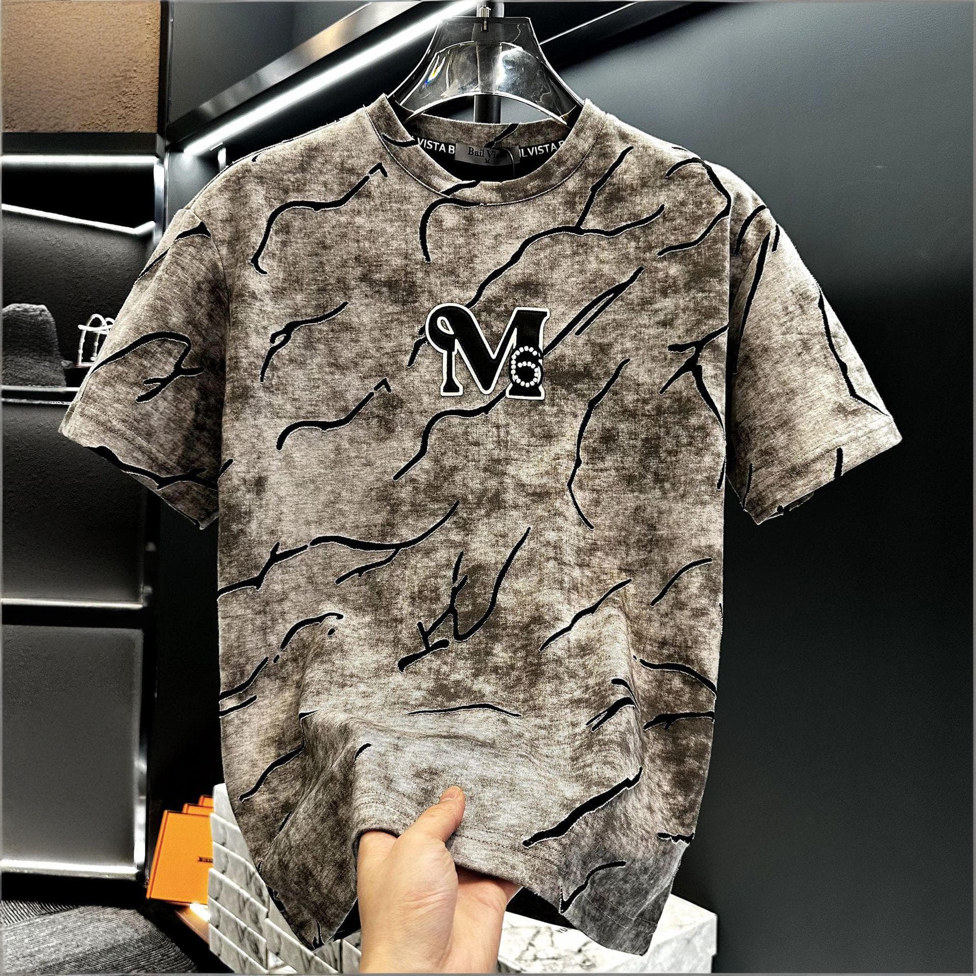 Men's Clothing Men's Style High End Rhinestone T-Shirt Short Sleeved Distressed Trendy Loose Fit Premium Feel Summer