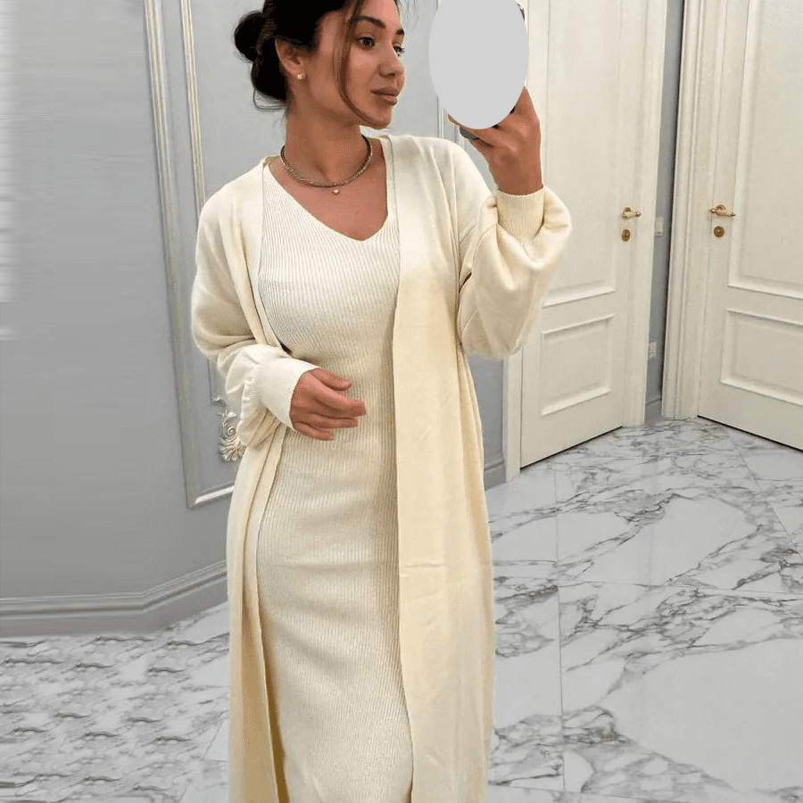 Women's Clothing Knitted Set Long Cardigan Coat + Vest Dress