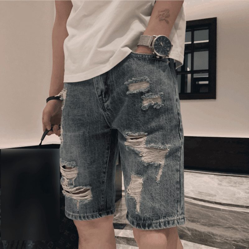 Men's Clothing Ripped Denim Shorts Men's Summer New Retro Shorts Outer Wear Loose Thin Trendy Brand Ins