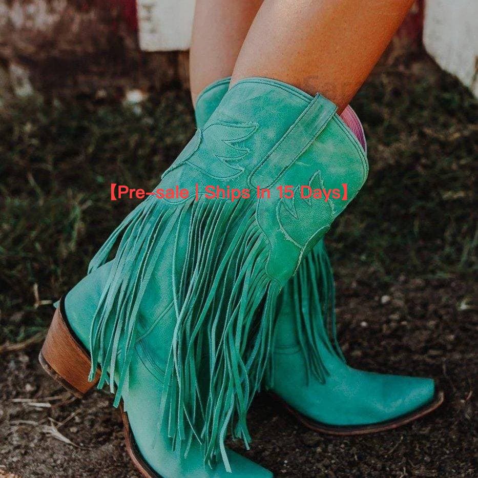 【Pre-sale | Ships In 15 Days】Vintage Handmade Shoes Chunky Heels Mid-calf Boots Women's Pointy Tassel Boots