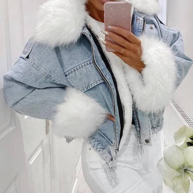 Women'S Washed White Denim Short Fur One-piece Jacket