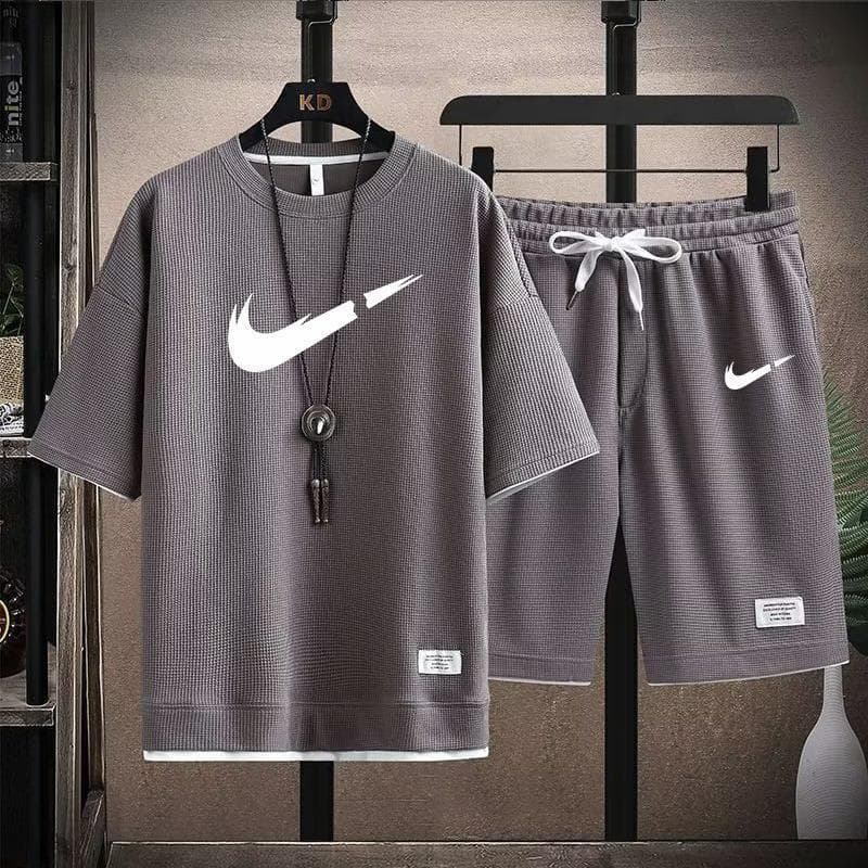 Gaufre T-shirt hommes deux pièces ensemble Couple ample mode grande taille 5/4 pantalon extérieur décontracté