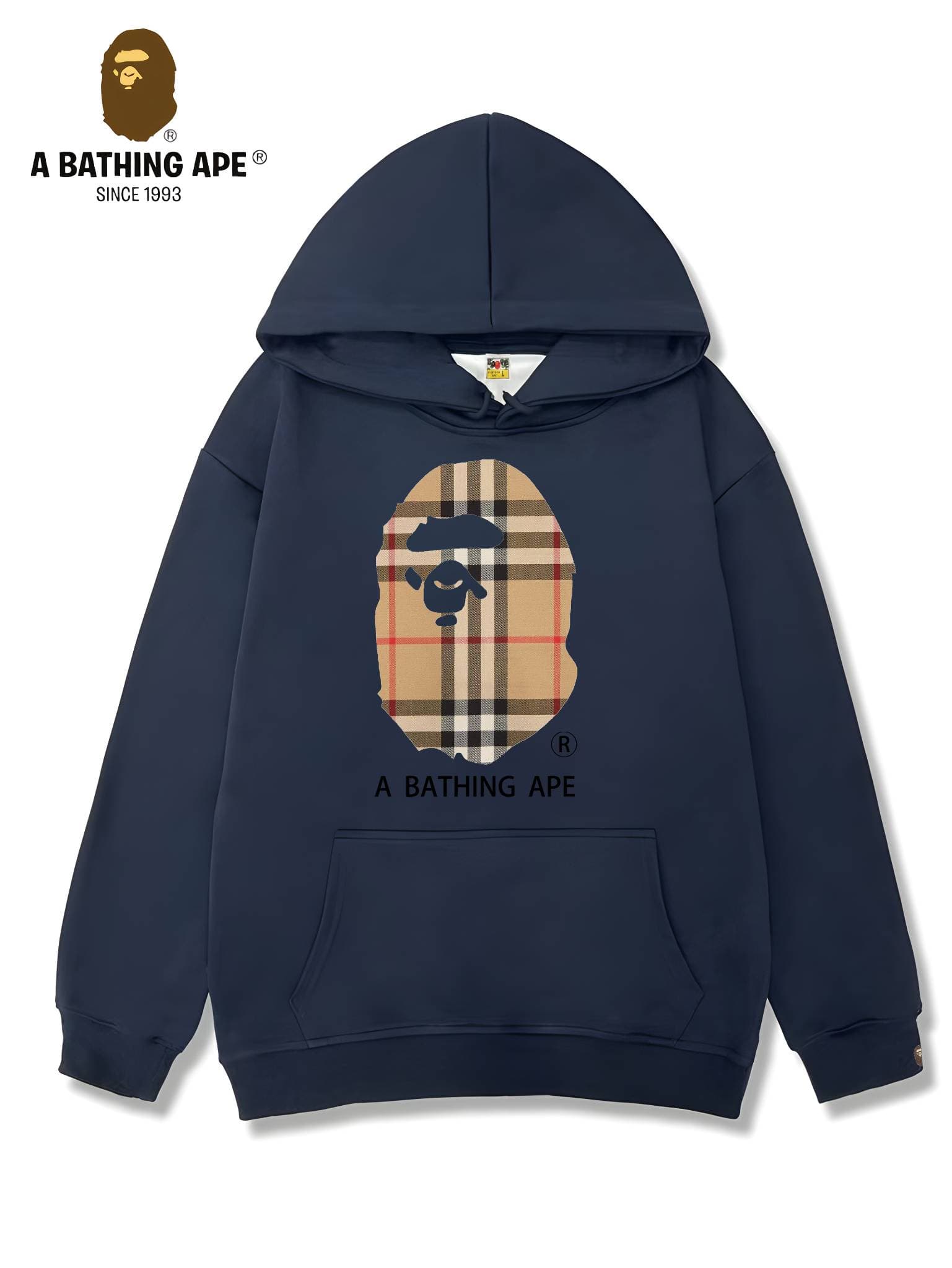 Sweat à capuche unisexe imprimé tête de singe à rayures et logo imprimé, collaboration BAPE-BAPE&BURBERRY