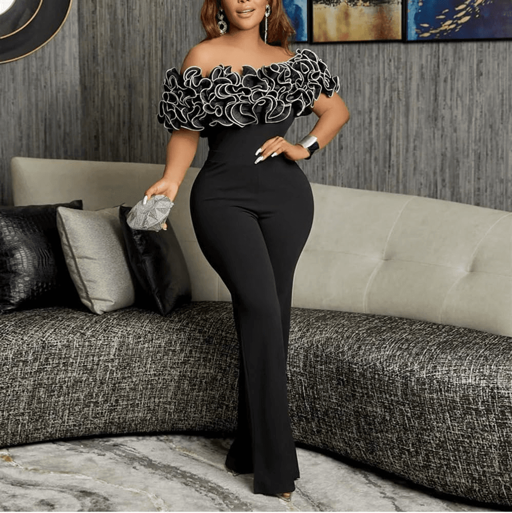 Women's clothing Wish Hot Sale Sexy Tight One-line Collar Ruffled Lace Jumpsuit