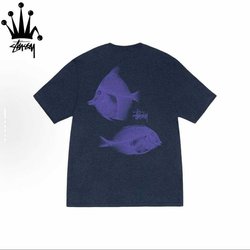 Stussy Tea Fish X-ray Pattern Printed Casual Loose Cotton Short Sleeved T-shirt