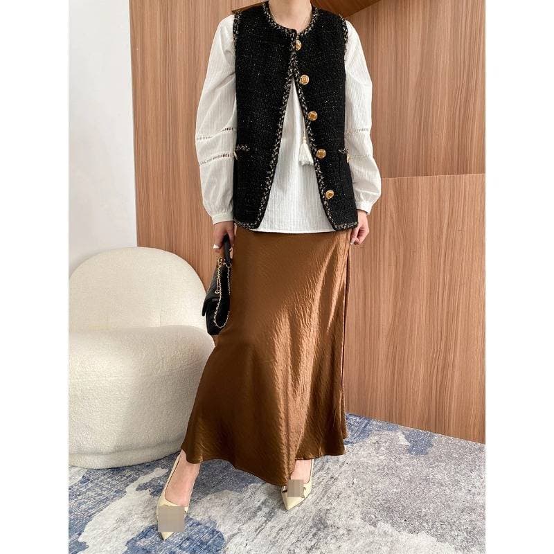 Jupe midi trapèze en satin d'inspiration française – Taille haute, drapé élégant, polyvalente pour le bureau comme pour un cocktail (M-L)