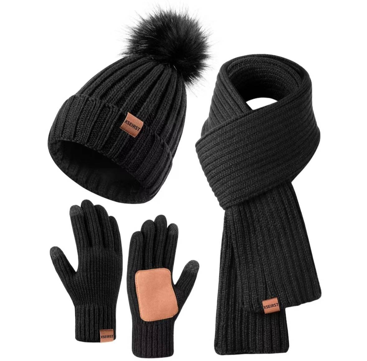 3pcs/set Unisex Knit Set – Beanie Scarf Gloves Combo With Touchscreen (Winter Warm & Couple Style)