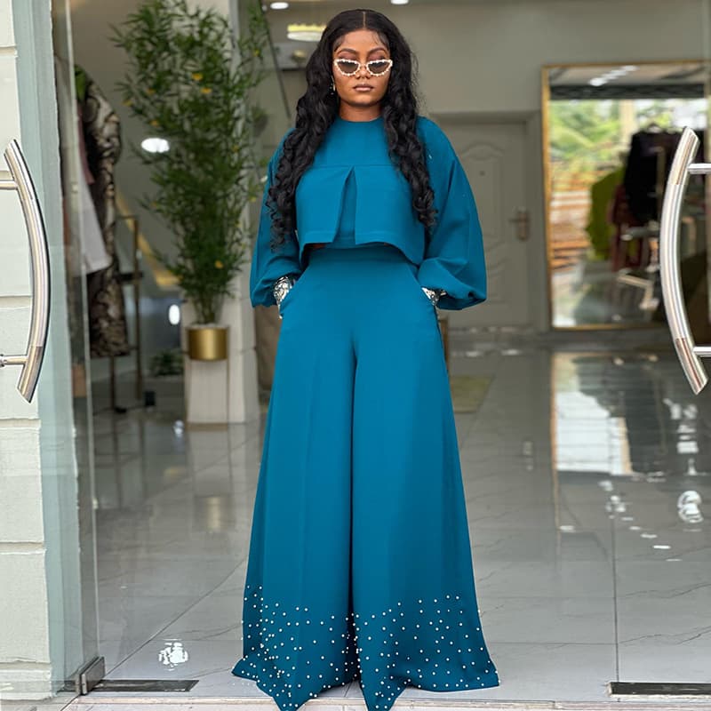 Women's Clothing Spring And Summer New Round Neck Irregular Lantern Sleeve Top Beaded Wide Leg Pants Suit