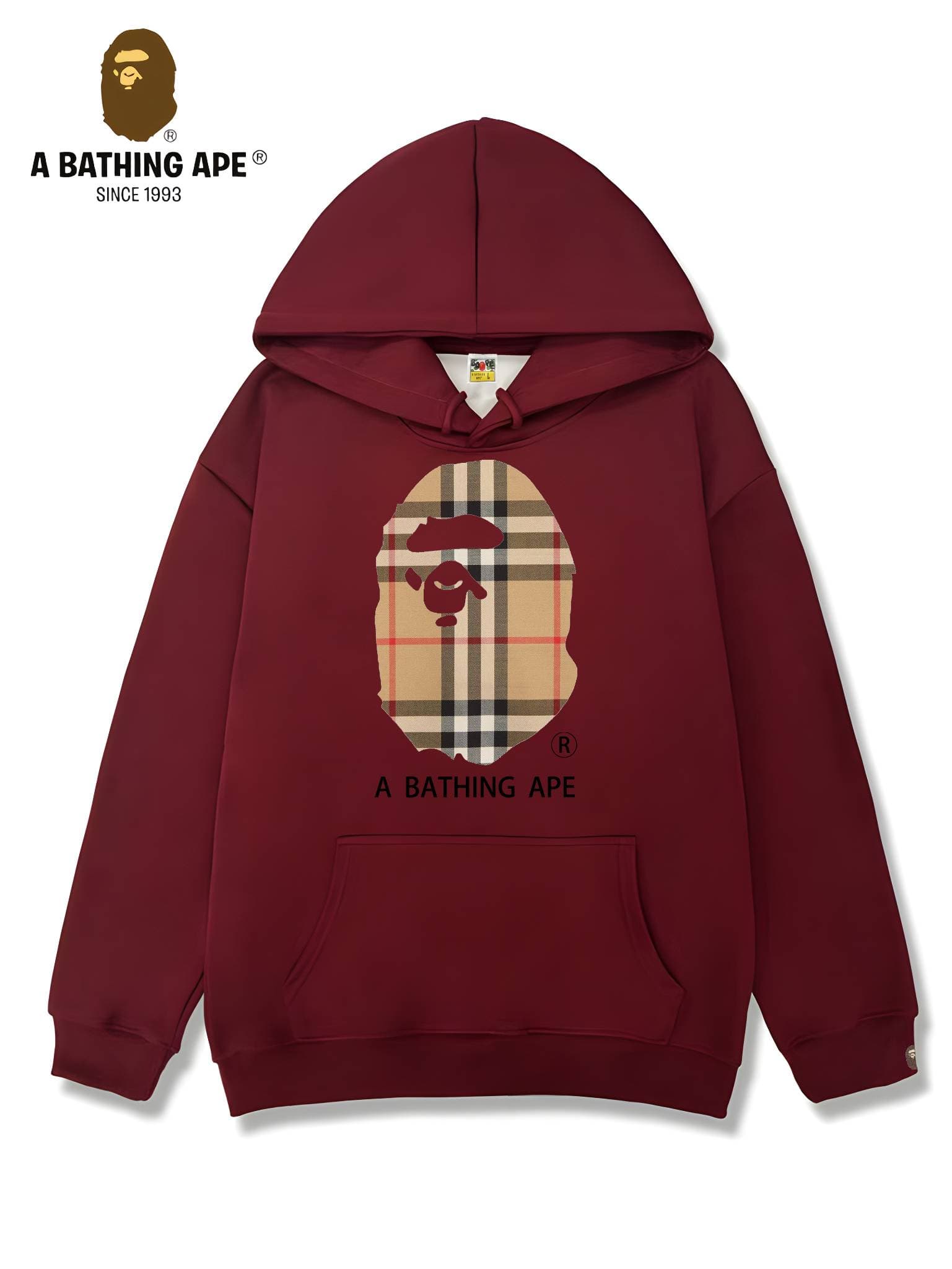 Sweat à capuche unisexe imprimé tête de singe à rayures et logo imprimé, collaboration BAPE-BAPE&BURBERRY