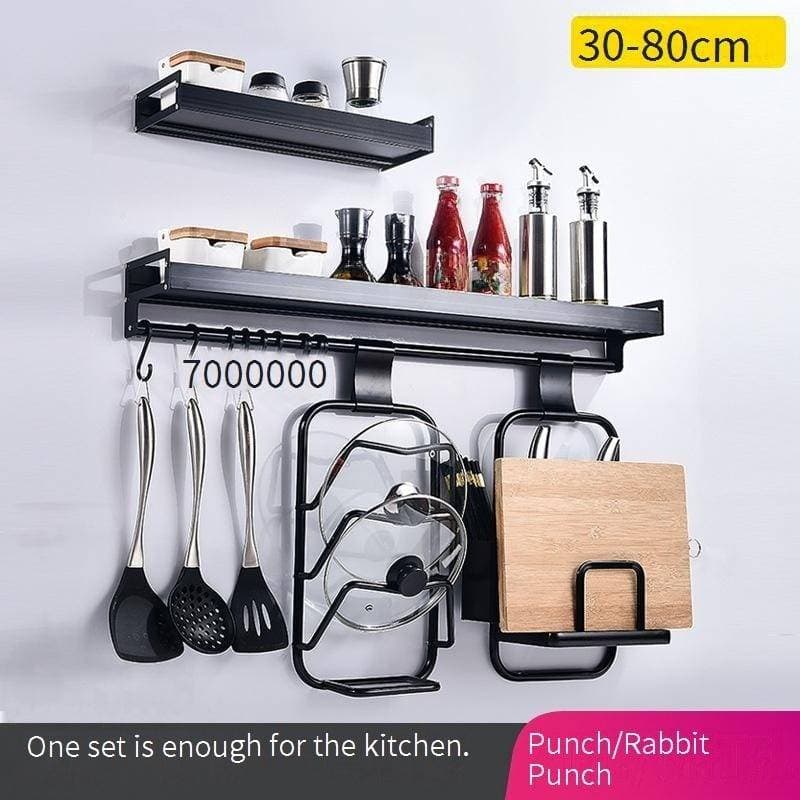 Black Space Aluminum Kitchen Rack Wall Mounted Spice Rack Multi Function Bathroom Storage Rack Hook Punch Free