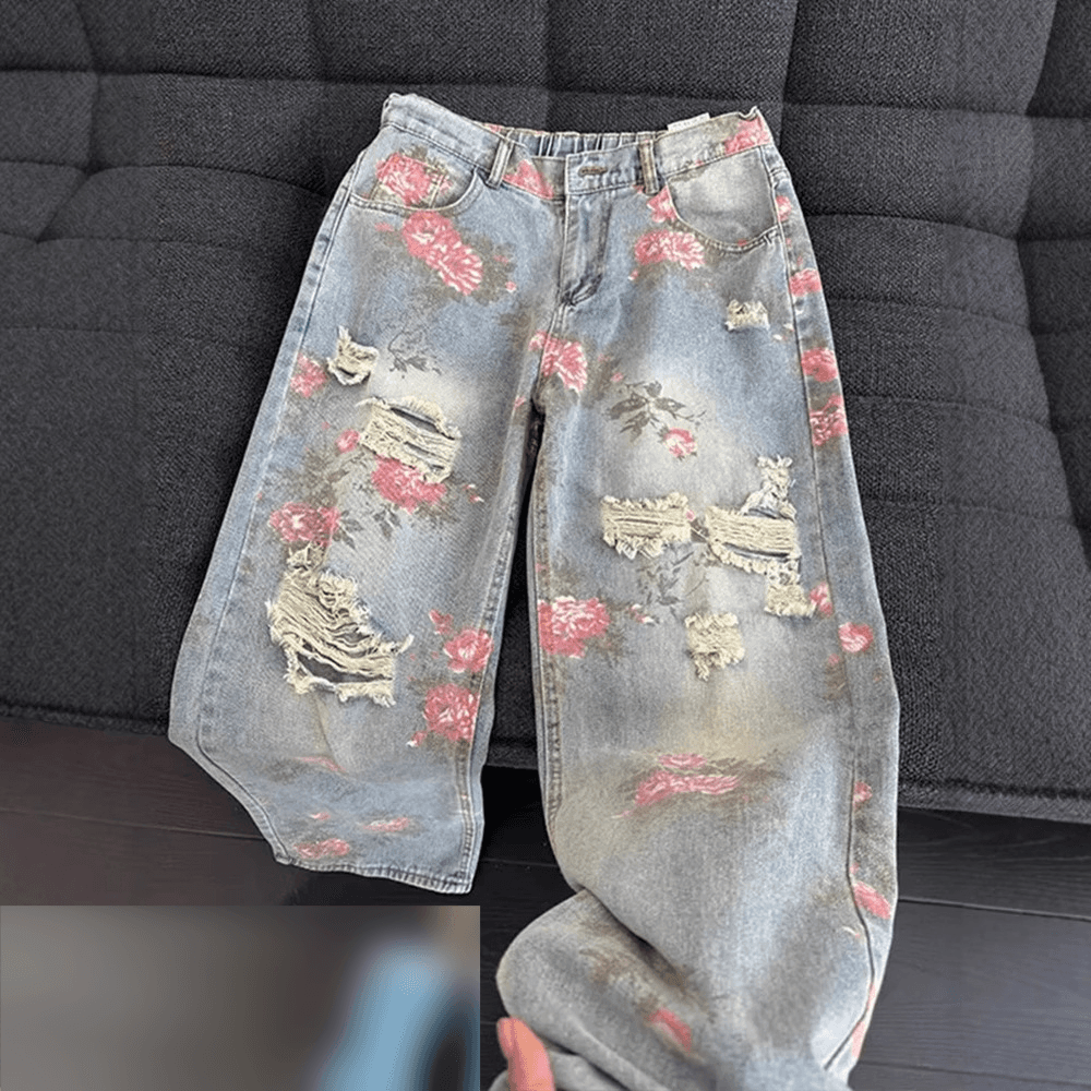 Floral Full Print Ripped Jeans For Men Summer Cool High End Slim Pants Cleanfit Loose Straight Pants