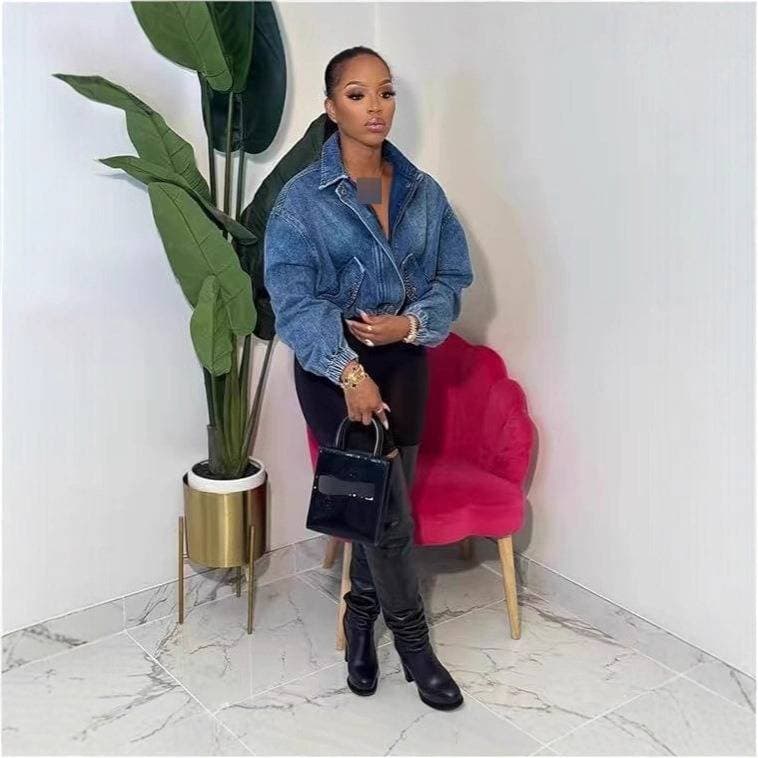 Trendy Cropped Denim Jacket With Drawstring Waist – Blue, Oversized Fit, Long Sleeve – Streetwear & Casual Style (S-XL)