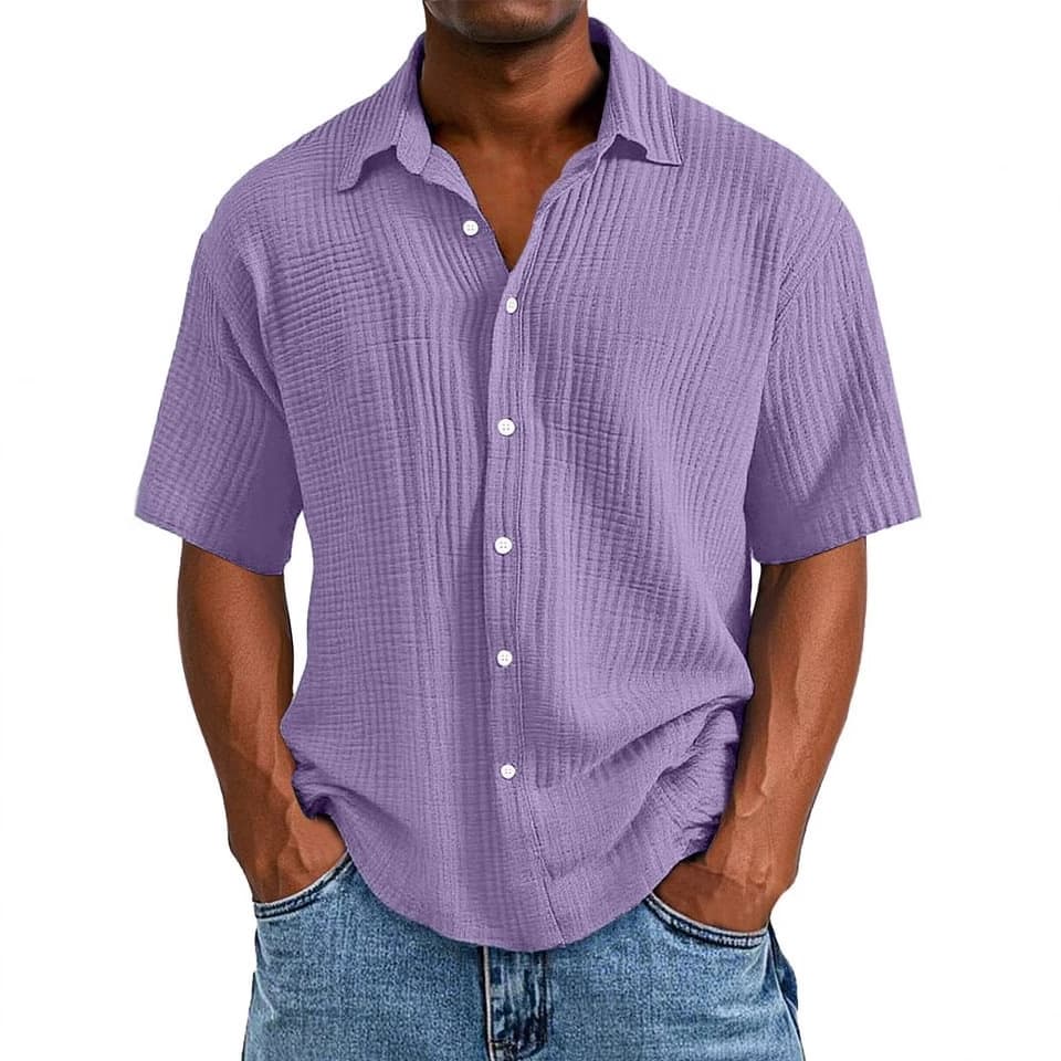 Men's Clothing Fashion Trend Printing Casual Slim Lapel Short Sleeved Waffle Shirt