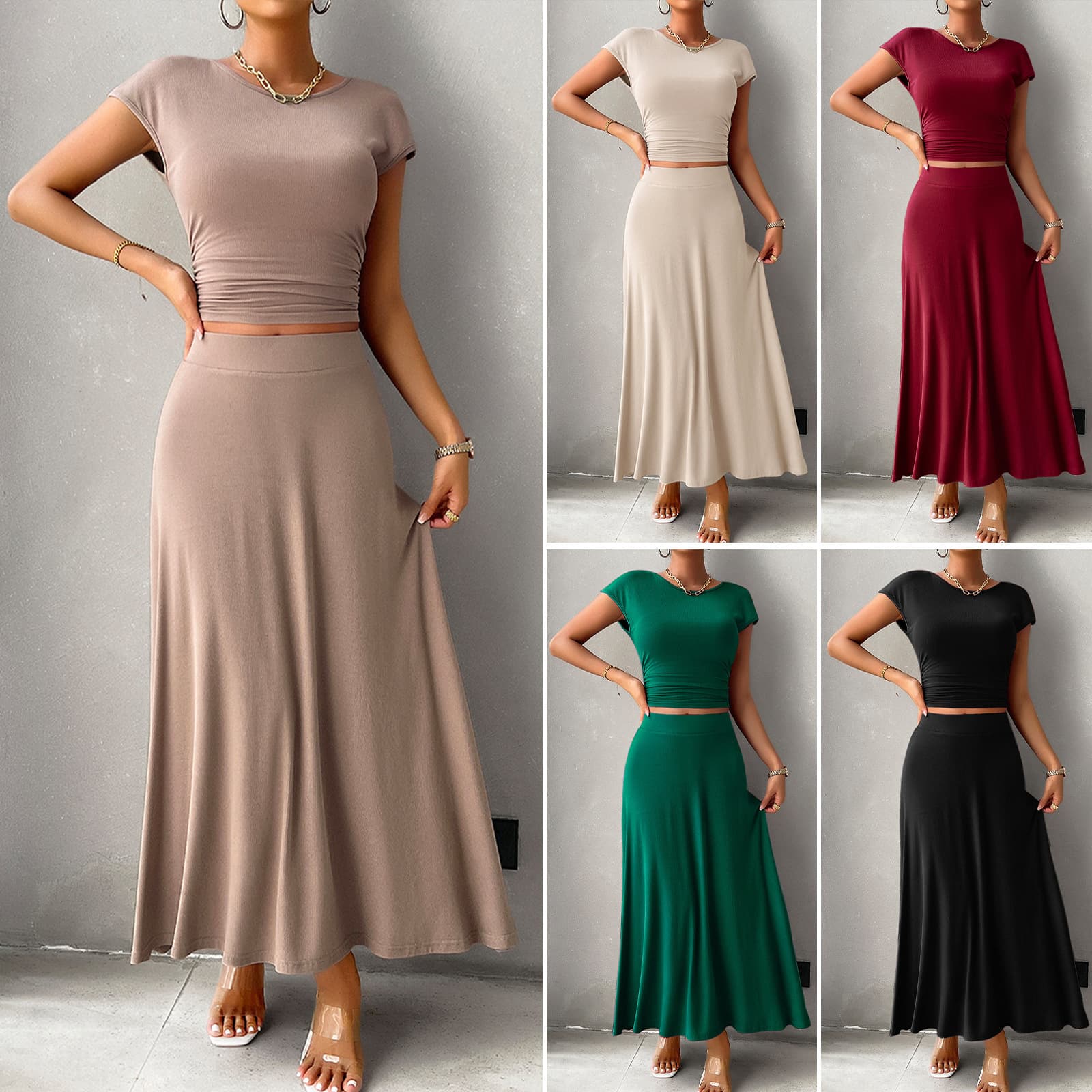 Women's Clothing Spring And Summer Short Sleeved Women's Clothing Temperament Slim Solid Color Short Sleeved Skirt Suit