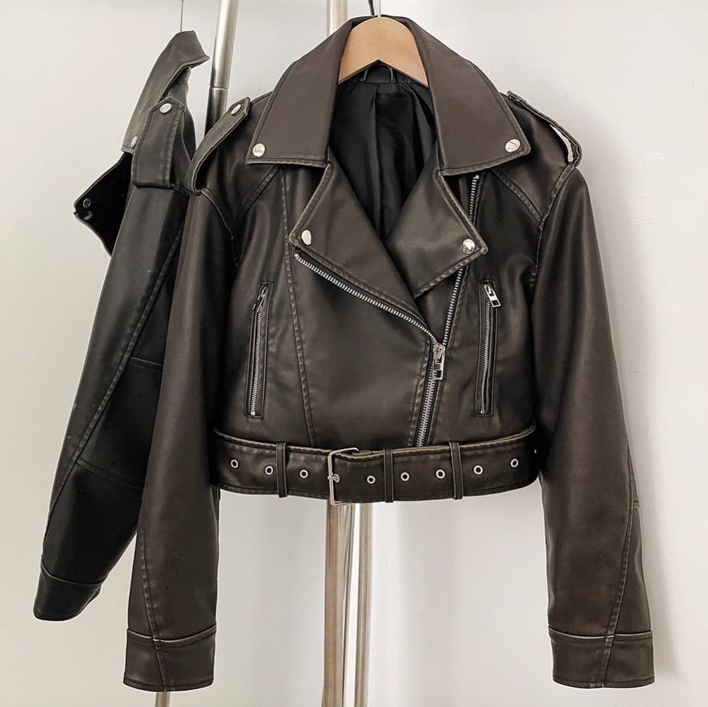 "Women's PU Faux Leather Belted Jacket – Chic Cropped Biker Style For Everyday Edge"