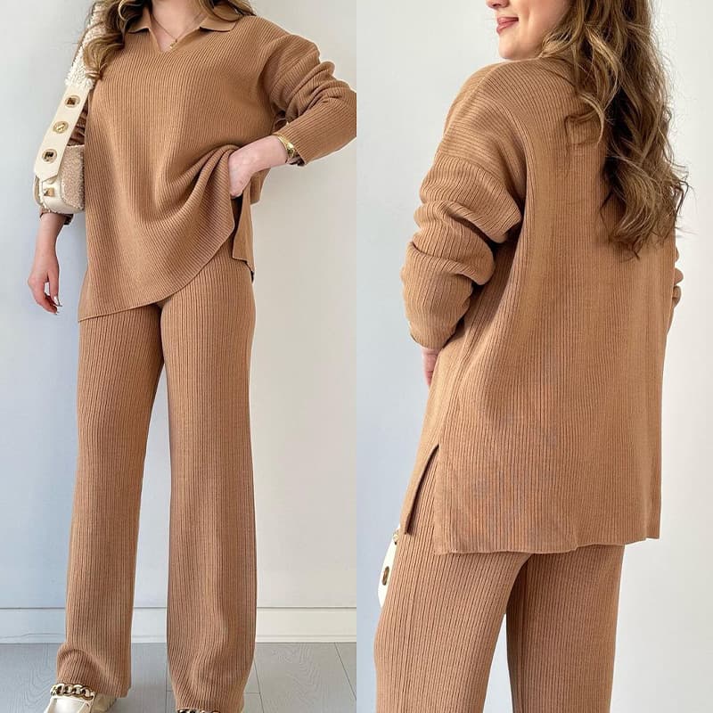 Women's fashion solid color loose hem slit sweater two-piece set