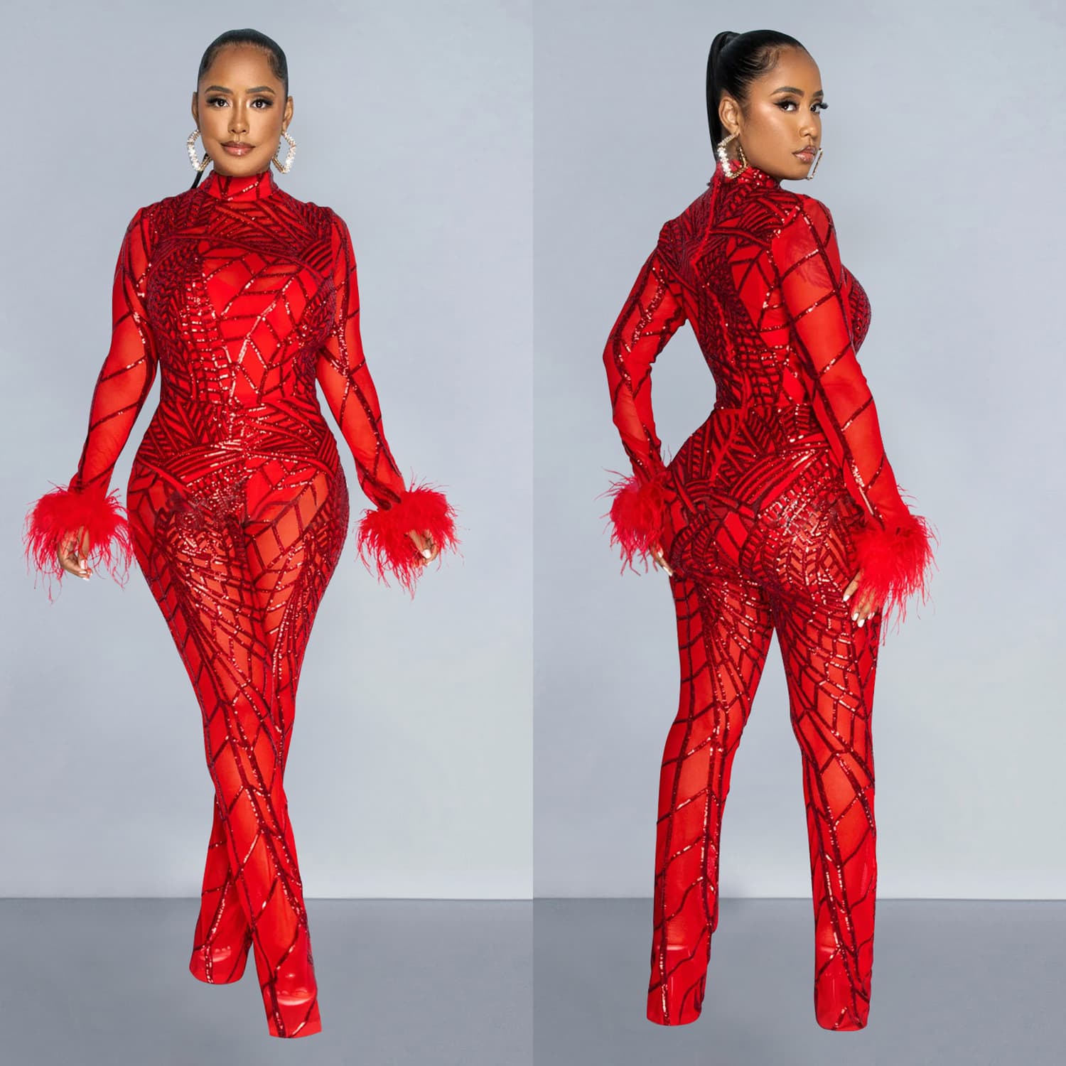 Women's Clothing Fashion Solid Color Mesh Feather Long Sleeved Trousers Two Piece Set