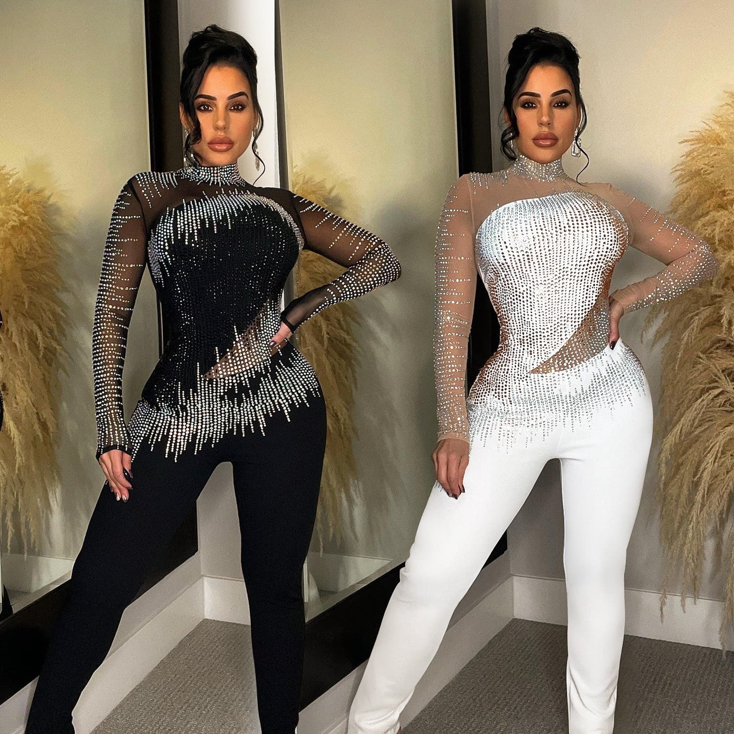 Women's solid color mesh rhinestone long-sleeved trousers jumpsuit New Year evening dress