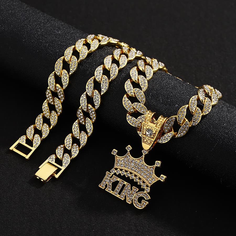 Original Hip Hop Letter KING Necklace Men's Street Cuban Chain Decoration Personality Alloy Full Dia Crown Pendant