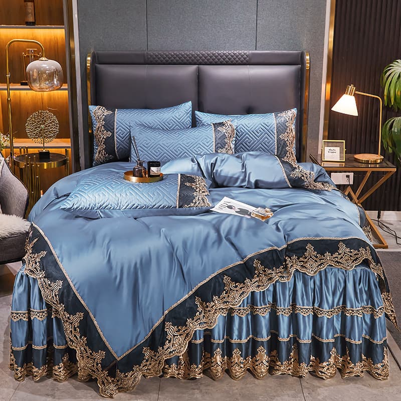 Light Luxury Ice Silk Quilted Bed Skirt Four Piece Set Satin Quilt Cover Bedspread Silky Lace Bedding