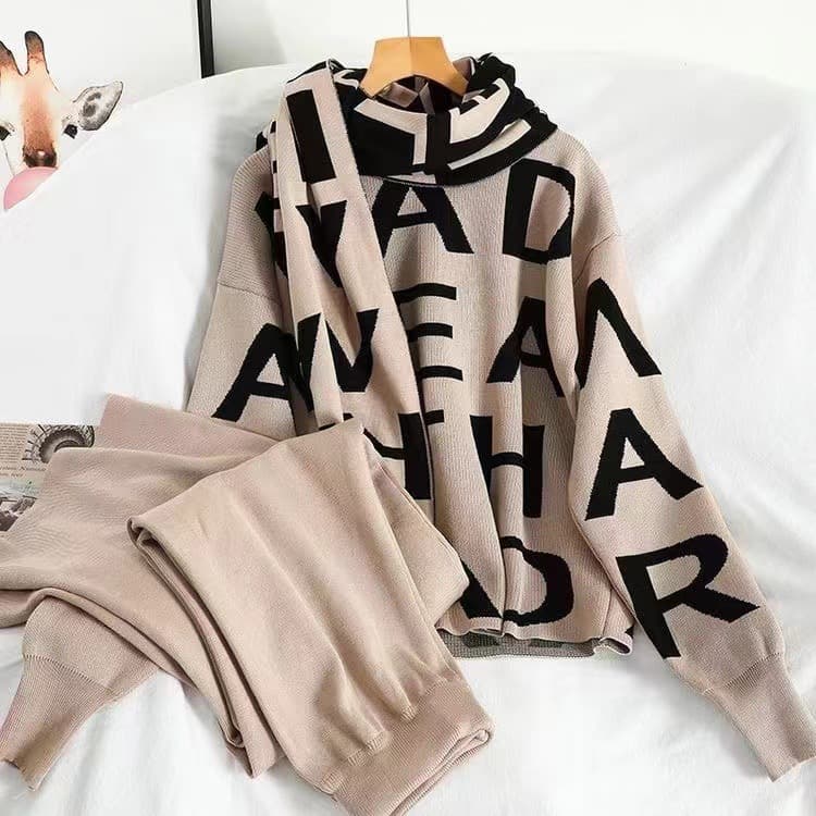 Women's Clothing Internet celebrity knitted two piece suit autumn and winter new sweater temperament wide leg pants fashionable three piece suit