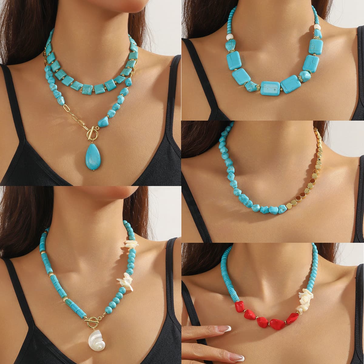 New Natural Turquoise Beaded Bohemian Ethnic Style Double Layer Water Drop Pendant Necklace For Women