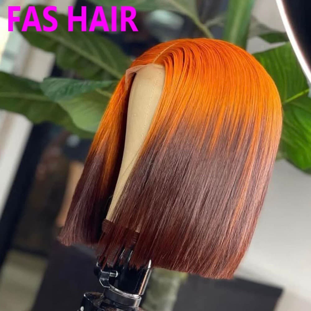 Human Hair Bone Straight BOB Ombre Wig (Orange-Brown) - 100% Brazilian Virgin Remy 13x4 HD Lace Front With Bleached Knots & Natural Hairline