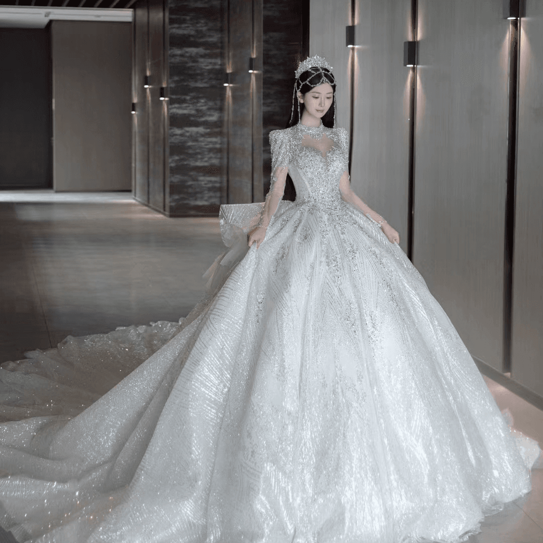 Women's Clothing wedding dress with long train retro palace style starry sky princess dress with mid sleeves simple and slim Wedding dresses