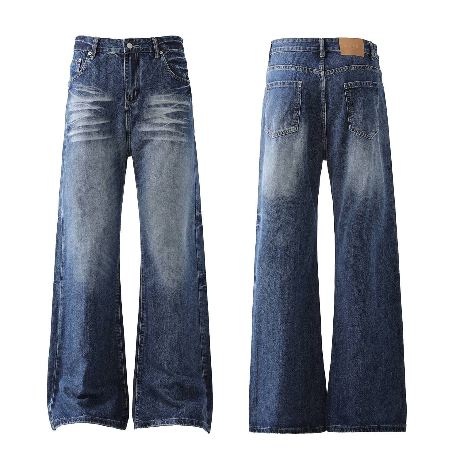 Men's Clothing High Street Baggy Men And Women Flower Embroidery Cat Whisker Straight Drape Jeans Neutral Loose Wide Leg