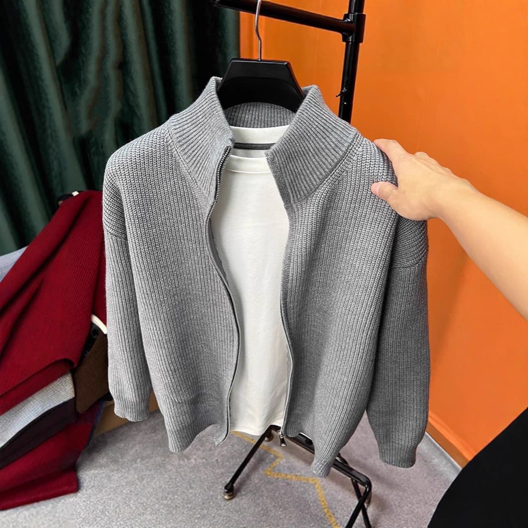 ​​Men's Slim Fit Double Zipper Cardigan – Stand Collar Knit Sweater Jacket (Black/Red/Grey/Apricot, M-3XL)​​