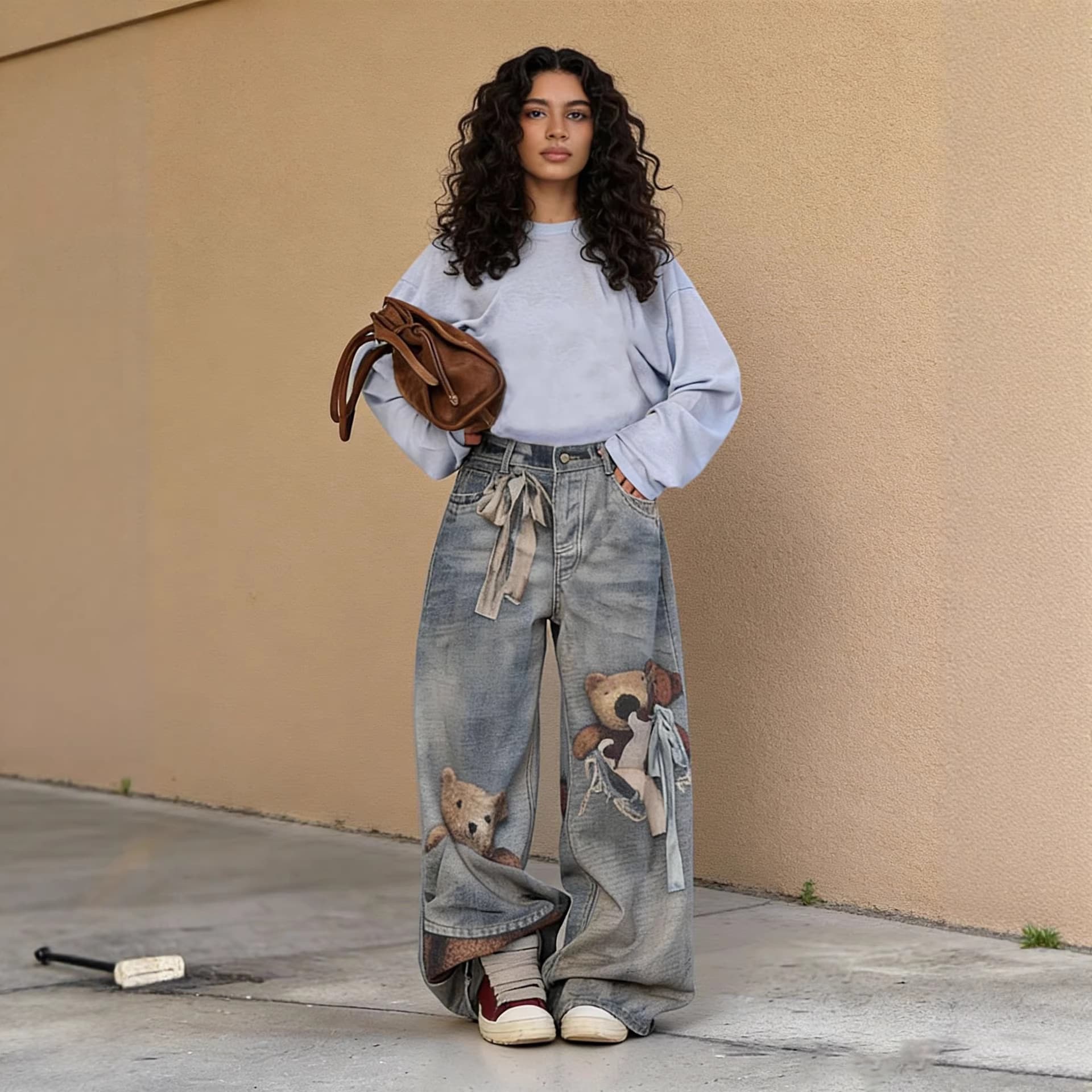 Women's Clothing 3D Optical Print Denim Jeans Bear Bow Design England Style Fashion Spring/Autumn Summer Regular Fit Polyester