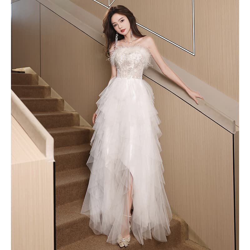 Women's Clothing Small Birthday Dress High End Feather Style Spring High End Tube Top Off Shoulder Banquet