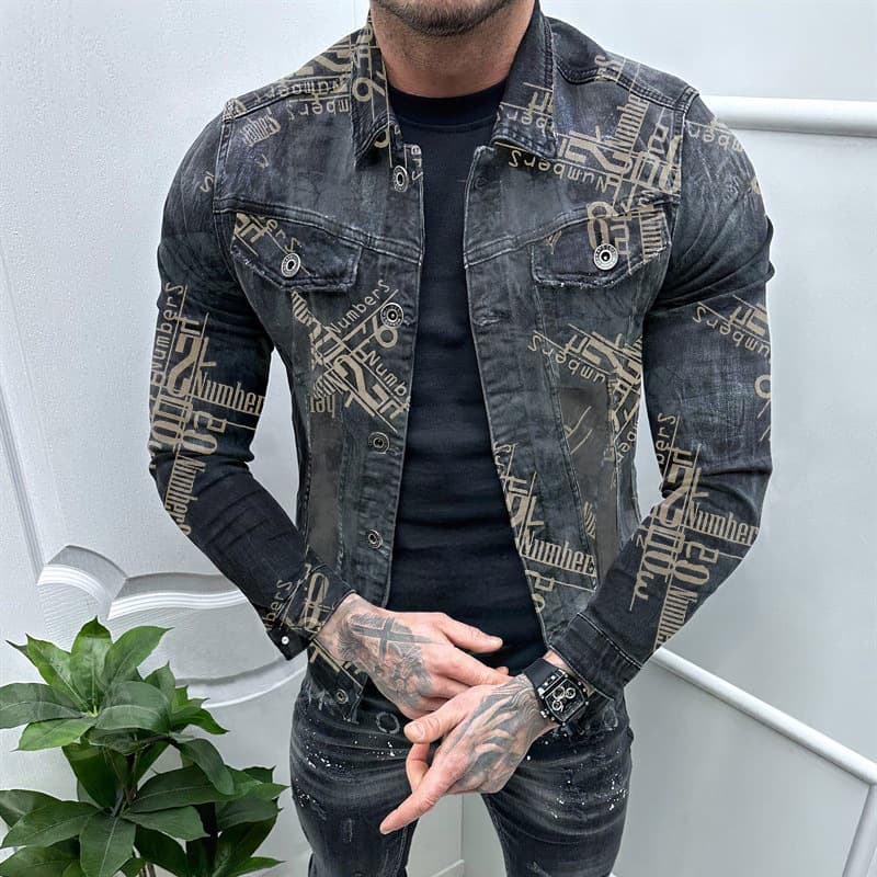 2024 New Men's Fashion Denim Printed Hoodie Jacket 3656